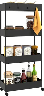 A black four-tier rolling cart filled with various kitchen items like jars, bottles, and a towel.