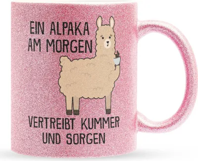 Produktbild von 22Feels Glitzertasse Pink Alpaka Süßes Tier Spruchtasse Wichteln Geschenk Arbeitskollege Büro Humor Secret Santa Witzig Kaffeetasse Männer Frauen Haferl Geburtstag Weihnachten Geschenkidee Bürotasse