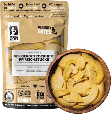 Produktbild von Gefriergetrocknete Pfirsichscheiben, leicht gezuckert, Trockenfrüchte gefriergetrocknet, 50g