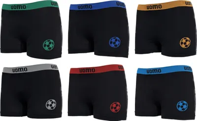 Produktbild von Uomo Kinderboxershorts Farbmix Microfaser 6er oder 12er Set Modell Fussball K05 Größe: 8-10 Jahre(146-158) Menge: 6 Stück Hersteller: Sonderpostendiscount Materialzusammensetzung: 90% Polyamid,10% Elasthan