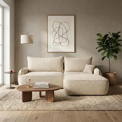 Produktbild von Modernes Bouclé-Ecksofa OVELLA mit Schlaffunktion, Bettkasten und DL-Automat – trendige L-Form Schlafcouch mit Paspelierung, Beige Rechts