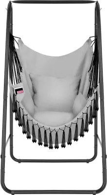 Produktbild von Tectake Hängesessel Alison, Grau, 85x100x154,5 cm, superdicke Sitz- & Rückenkissen (Polyester, Polypropylen, Baumwolle), großes Seitenfach, pulverbeschichtetes Stahlgestell, rutschfeste Kunststoffclips, Boho-Style, Indoor & Outdoor, max. 160 kg, 10,4 kg
