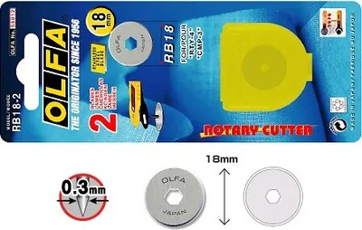 The image shows the packaging of Olfa RB-18:2 18 mm replacement blades for a rotary cutter, along with a close-up of the blades and their specifications.