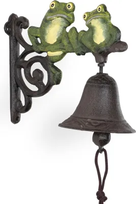 Image de Sonnette en fonte "Grenouille" de Moritz, 18 cm - Sonnette murale pour jardin, de style antique, couleur marron, avec cordon - Deux grenouilles peintes à la main, idéale pour la porte d'entrée, le jardin, résistante aux intempéries, objet de décoration