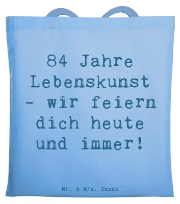 Produktbild von Mr. & Mrs. Panda Stoffbeutel Spruch 84. Geburtstag Lebenskunst - Sky Blue - Geschenk, Dankbarkeit, feiern, Überraschung, Jutetasche, Laptoptasche, Geburtstagsgeschenk