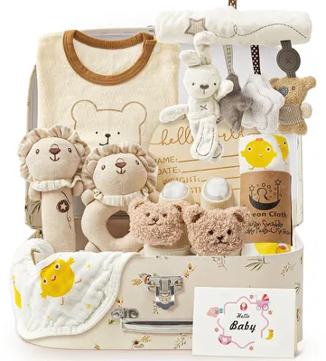 Produktbild von Elzusha - Luxus-Geschenkset für Babys - Babykleidung mit Bärenmuster - Strampler - Lätzchen - Holz-Meilensteinkarte - Glückwunschkarte - Babybox - Babygeschenk