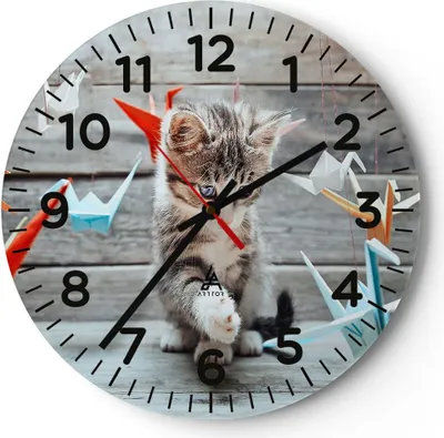 Produktbild von Wanduhr - Rund - Glasuhr - Katze spaß origami - 40x40cm - Schleichendes Uhrwerk - Lautlos - zum Aufhängen bereit - Dekoration Modern - Wanddekoration aus Glas - C4AR40x40-2818