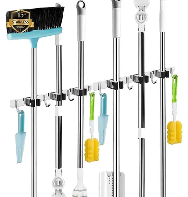Immagine prodotto di Supporto a parete per scope e moci, con 3 supporti e 4 ganci, set da 2 pezzi, portautensili resistente, autoadesivo, in acciaio inossidabile