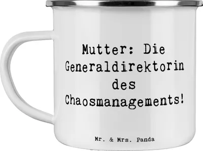Produktbild von Mr. & Mrs. Panda Haferl Spruch Mutter Chaosmanagerin - Weiß - Geschenk, Tasse Emaille, Kaffeepott, Becher, Erinnerungen, Muttertag, Teetasse, Chaosmanagement, Pott, Chaos