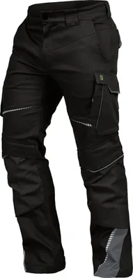 A pair of black work pants with gray accents and reflective strips.