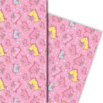 Produktbild von Süßes Kinder Geschenkpapier mit Einhorn Dinosaurier, rosa - G8179, 32 x 48cm