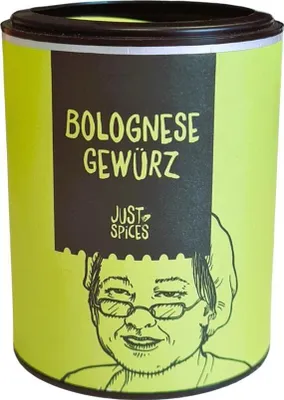 A product shot of a spice container with a drawing of a person on it.