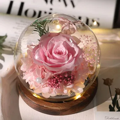 Ewige Rose im Glaskolben mit LED, kirschrosa, 12x12x14 cm