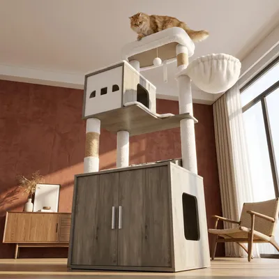 Produktbild von Katzenschrank, 150 cm, Kratzbaum mit Katzenklo-Schrank, Greige | Futterstation, mit Großer Plattform, Sisalsäule, Plüschball, Katzenkorb, Katzenhaus