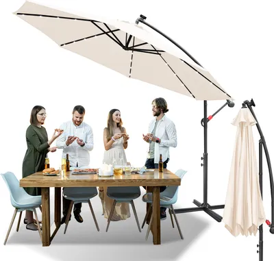 Immagine prodotto di TolleTour Ombrellone con illuminazione a LED Ombrellone a lampada 300 cm Ombrellone da giardino con 24 lampadine LED Protezione UV Ombrellone a manovella Supporto Ombrellone da giardino Ombrellone da mercato, beige