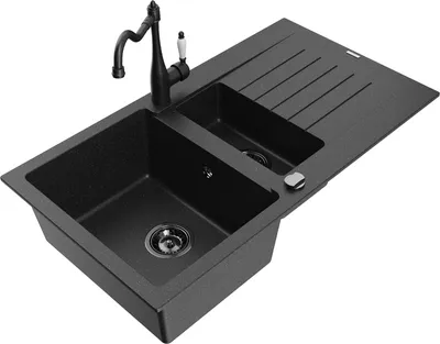 Produktbild von Mexen Matias 1,5-Becken-Granitspüle mit Abtropffläche und Mischbatterie Carla, Schwarz/Silber - 6502-73-670700-70-B