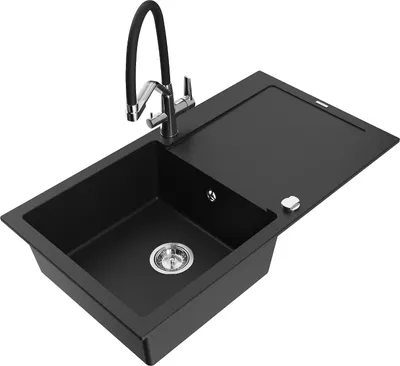 Immagine prodotto di Mexen Leo lavello da cucina in granito a 1 vasca con scolapiatti e rubinetto Duo, nero - 6501-77-671701-07