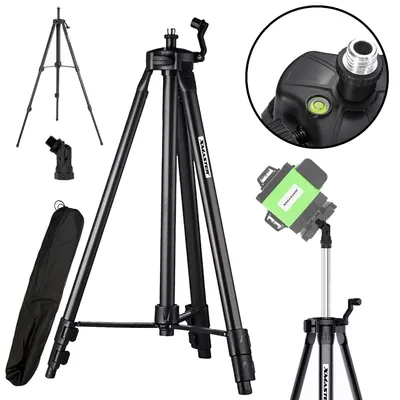 A collage of images showing a tripod for a laser level, including close-ups of the head and a laser level attached.