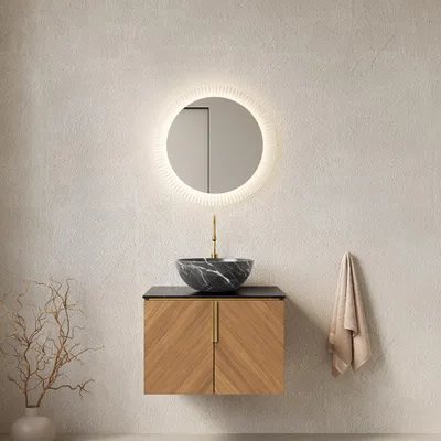 Produktbild von 61cm Wandhalterung Badezimmer-Waschtisch mit schwarzer Schüssel Keramikbecken mit Steinmuster, Arbeitsplatte aus schwarzem Sinterstein, Sperrholzschrank mit 2 Türen, Espresso Holzmaserung Farbe
