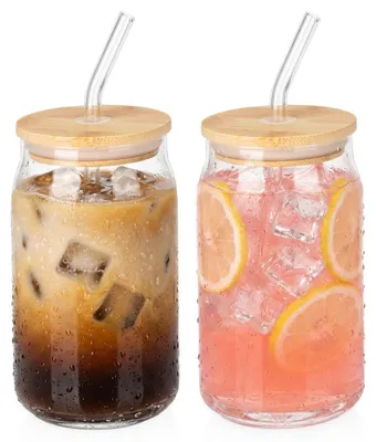 Produktbild von Vilde | Gläser 2er Set 460 ml - Eckige Trinkgläser - mit Deckel und Strohhalm