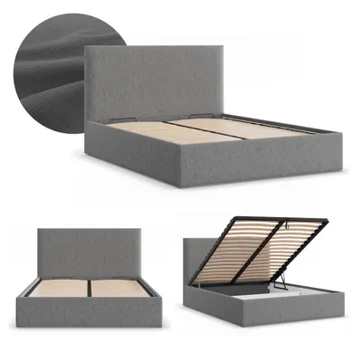 Produktbild von Polsterbett PAOLA 140x200 mit Bettkasten und hochklappbarem Metall-Lattenrost, Doppelbett mit Kopfteil Dunkelgrau Geflecht