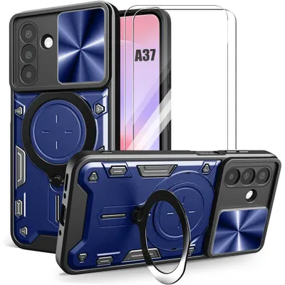 Image de Coque + 2 Verres Trempés pour Samsung Galaxy A37 5G, avec Anneau Magnétique et Protection Caméra - Bleu Marine