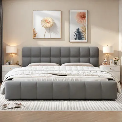 Produktbild von Polsterbett - Doppelbett - 160x200 cm - Weiches Kopfteil - Lattenrost - Stauraum - Hanfgewebe - Dunkelgrau