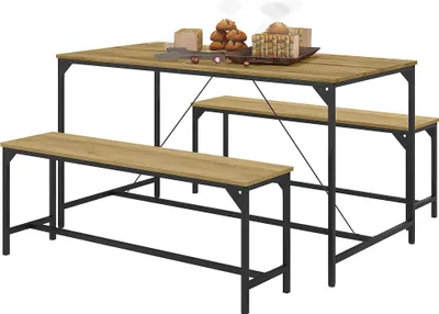 Produktbild von Industrielle Essgarnitur mit Stahlrahmen: Tisch & 2 Bänke in Holzdekor/Schwarz