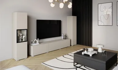 Productafbeelding van MINIO, wandmeubel BRELA III, 3-delig, TV-meubel met vitrine en kast, met LED-verlichting, 210 cm, kasjmierbeige