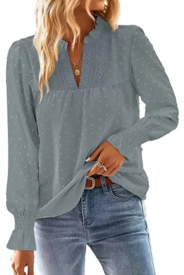 Produktbild von TUUHAW Langarmshirt Damen Boho Bluse Elegant V-Ausschnitt Graugrün M