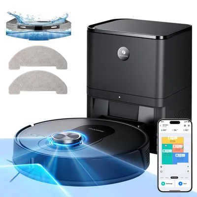 A robotic vacuum cleaner, its charging station, and accessories are displayed with a smartphone showing the app interface.