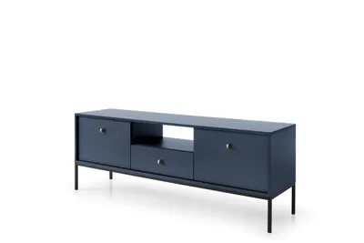 Obrázek produktu pro BETTSO Tmavě modrá TV skříňka MOLLY s kovovou zlatou rukojetí 2 dvířka 1 zásuvka Nohy v černé barvě 154x39x56 cm