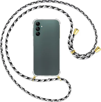 Produktbild von Handykette Backcover-Schutzhülle mit Band (Metall goldfarben) für Samsung Galaxy A14 5G - schwarz/grau/weiß