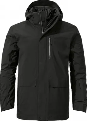 A black parka jacket shown from the front against a white background.