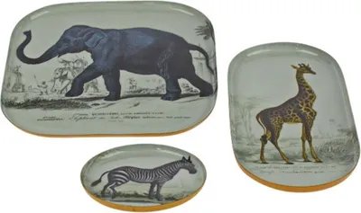 Produktbild von Voss Tablett Safari 3 er Satz rund oval eckig Metall Tiermotive Untersetzer