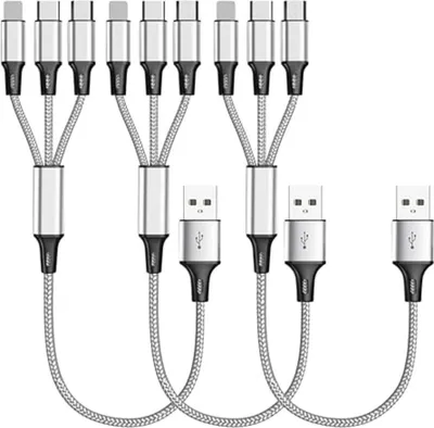 Produktbild von 3-in-1 Ladekabel – Universelles 3-in-1 Kabel mit für Ios, für Iphone, USB-C & Micro USB – Schnelles Aufladen, High-Speed Datenübertragung, Knickfest & Knotenfrei – Kompatibel mit iPhone, Android, Tablets & mehr – Silber / 3 Pack
