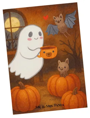 Produktbild von Mr. & Mrs. Panda Postkarte Gespenst Kaffee Design - Weiß - Geschenk, Dekoration, Postkarten, bildkarte, Ansichtskarte, Grußkarte, Ansichtskarten