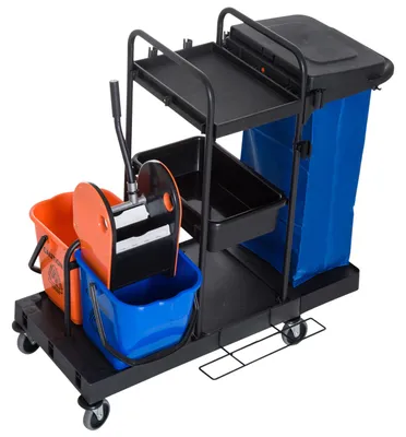 Produktbild von Wischwagen Systemwagen Metall, Reinigungswagen Profi 3-stufig mit 2x18L Eimer, Schwarz/Blau/Orange | 20 kg | 4 Rollen | 111 x 63,3 x 103 cm