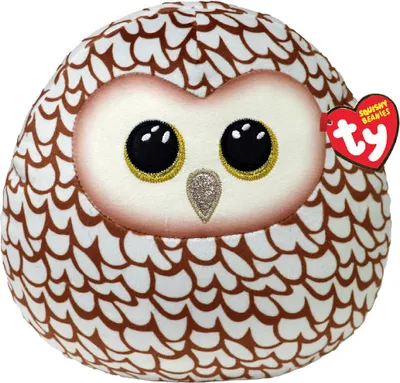 A close-up studio shot of a Ty Whoolie Owl Squishy plush toy.