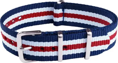 Produktbild von ClassicWatchStraps Nylon Uhrenarmband - Blau/Weiß/Rot, 20 mm, Silber poliert