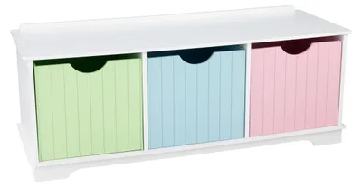 Image de Banc de rangement en bois KidKraft Nantucket, aux couleurs pastel, avec 3 tiroirs
