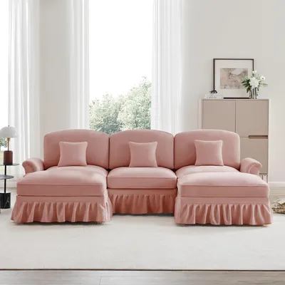 Produktbild von Klassisches modulares U-förmiges Sofa aus Chenille mit Trichter-Armlehnen, abnehmbarer Rüschenschürze, spindelförmigen Beinen & beweglichem Hocker – Weiches, tiefes Cloud-Sofa fürs Wohnzimmer,rosa