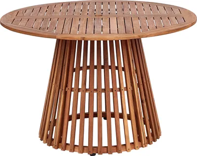 A round wooden outdoor table with a slatted top and a tapered base made of vertical wooden slats.