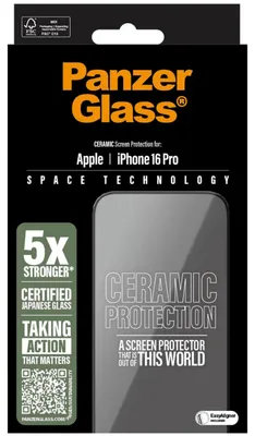 Produktbild von PanzerGlass ® Ceramic Displayschutz iPhone 16 Pro | Ultra-Wide Fit m. EasyAligner, Apple, Apple - iPhone 16 Pro, Trockene Anwendung, Kratzresistent, Schockresistent, Transparent, 1 Stück(e)