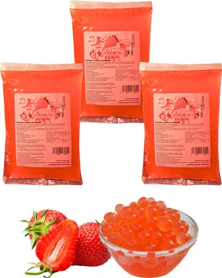 Produktbild von Bubble Tea Popping Boba Mix - 3 x 600g Erdbeer Boba Fruchtperlen - Aktion: 1 Gratis 600g Packung -Vegan& Glutenfrei Boba Perlen