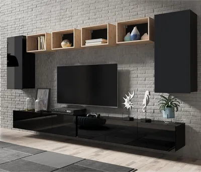 Produktbild von Wohnwand Set mit offenen Regalen in schwarz Hochglanz mit Artisan Eiche Nb. CAIRNS-132, B/H/T ca. 340/200/43 cm
