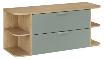 Immagine prodotto di Insieme OSTER 120cm : mobili sotto lavabo con cassetti verde salvia e nicchie visibili arrotondate + piano per lavabo in aspetto rovere chiaro