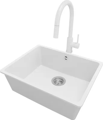 Produktbild von PRIMAGRAN Granitspüle Weiß 56x44cm, Spülbecken 1 Becken + Küchenarmatur 40x20cm + Ablauf-Set, Küchenspüle ab 60er Unterschrank - Venedig Slim Easy