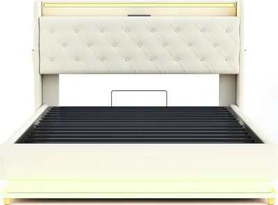 Produktbild von Flieks Polsterbett 140x200cm mit USB, Stauraumbett Doppelbett mit Lattenrost und LED, Hydraulisches Boxspringbett Jugendbett, Leinen, Beige