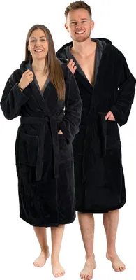 Produktbild von Lavea® Bademantel Damen & Herren, Uni Morgenmantel mit Kapuze, Soft-Velour & Frottier, Bambus-Baumwoll-Mix, 2 Taschen, Bindegürtel, XL, Schwarz